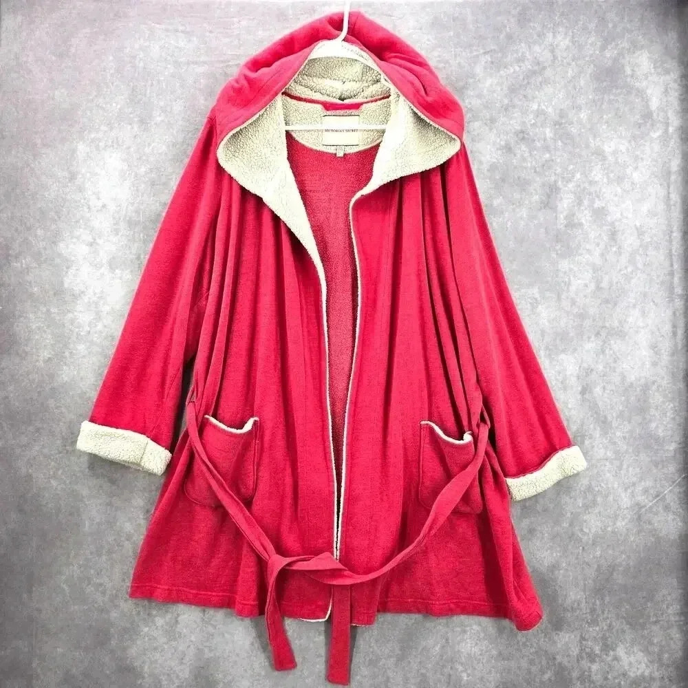 Victoria Secret Pink Sherpa VS Logo‎ Hood Long M/L Oversized Robe Medium Large